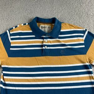 Vintage Timberland Polo Shirt Mens Large Blue Yellow Striped Loose‎ Fit Outdoor